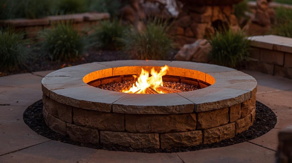 A cozy stone circle fire pit surrounded by low ornamental grasses and warm-toned paving stones, photographed at dusk with soft amber lighting