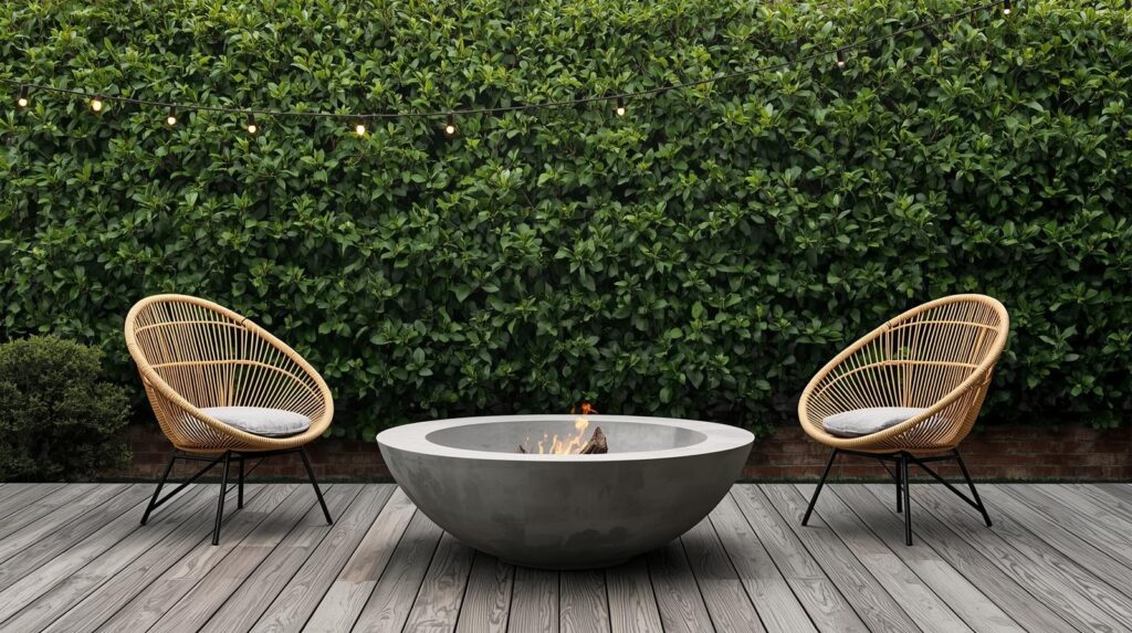 A large round concrete fire bowl on a timber deck, flanked by two rattan egg chairs, with a lush green hedge backdrop and string lights overhead in a contemporary Australian backyard.