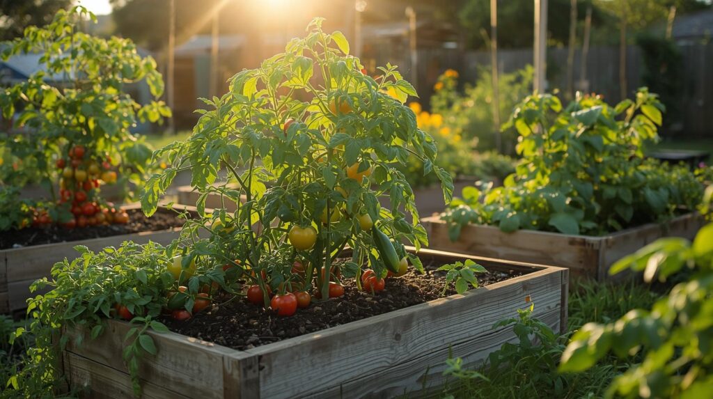 A lush home vegetable garden in full summer growth raised timber beds overflowing with tomato plants, capsicums, cucumber vines, and basil, photographed in warm morning sunlight.