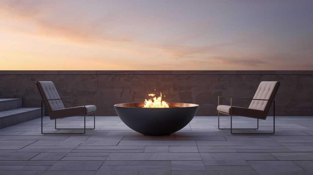 A sleek, round steel bowl fire pit on a modern patio with clean concrete pavers, two low-profile lounge chairs, and a warm evening sky in the background.