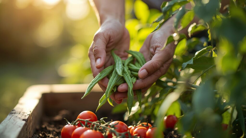 Close-up of a home gardener's hands harvesting fresh green beans and cherry tomatoes from a raised garden bed, with lush green foliage in the soft-focus background on a bright summer day.