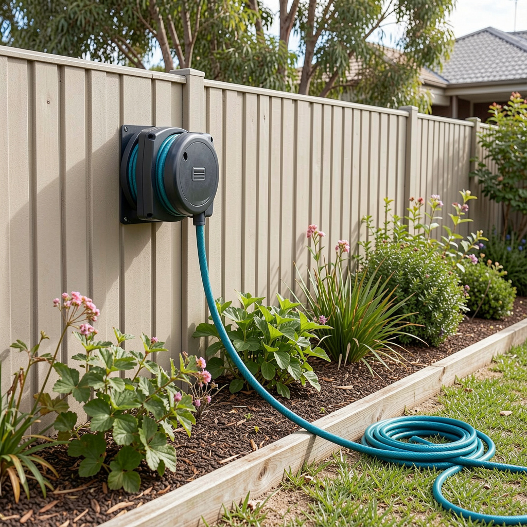 A wall-mounted retractable hose reel in a neat Australian backyard — the hose is extended mid-use toward a garden bed, with the compact wall-mounted casing clearly visible against a rendered fence.