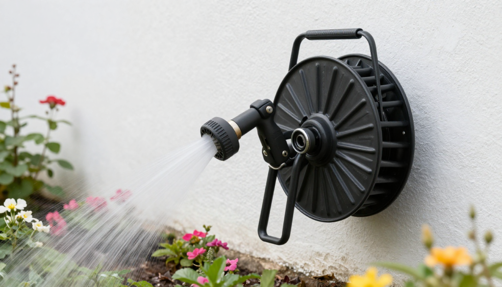A close-up of a quality retractable hose reel being used in an Australian garden the adjustable nozzle in the foreground spraying water over a flowering garden bed, with the hose reel mounted on a rendered white wall in the background.