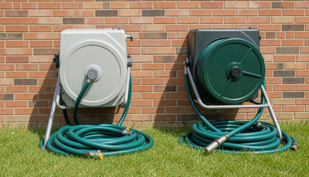 Side-by-side comparison of two popular retractable hose reels mounted on a brick wall — showing the different profiles and housing sizes of a 20m vs 45m model, with their respective hoses extended on a green lawn.