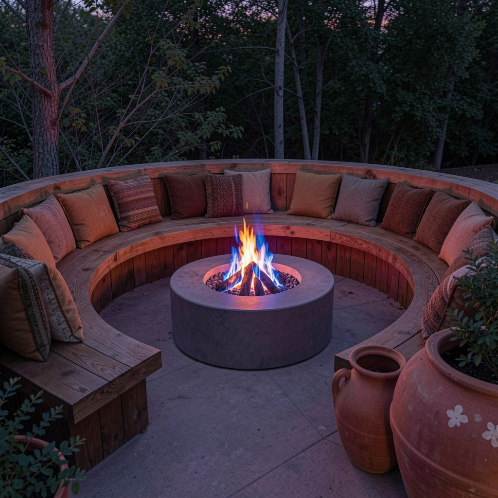  A sunken fire pit lounge area with built-in timber bench seating, cosy cushions in earthy tones, and a central gas fire pit with blue and orange flames, surrounded by large terracotta pots and garden lighting at twilight.