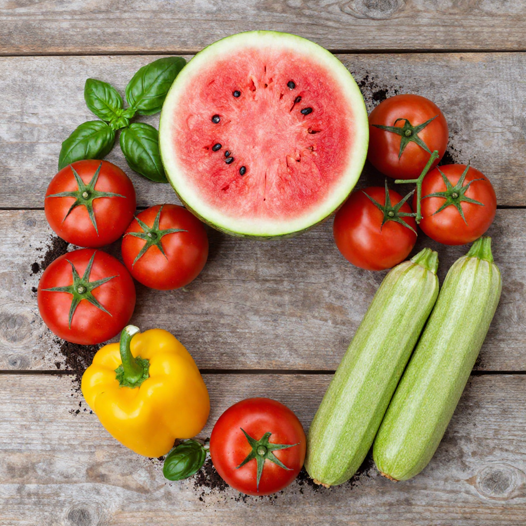 A flat lay of freshly harvested summer vegetables on a rustic timber table including a halved watermelon, ripe tomatoes, vibrant capsicums, green zucchini, and a bunch of fresh basil, with garden soil still visible on some items.
